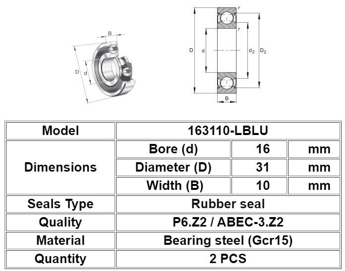 163110-2RS que carrega o tamanho profundo 16mm x 31mm x 10mm da bicicleta da bola do sulco